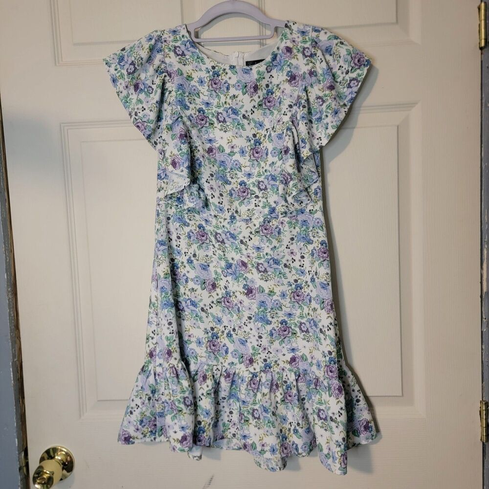 SHEIN Women's Floral Mini Dress Ruffle Short Sleeve White Blue Purple Green S